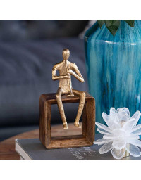 Sculpture Musicien Flûtiste en Métal Doré sur Socle Bois 13x9x25cm