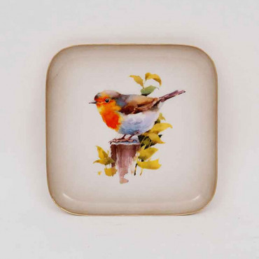 Plateau fer carré crème doré rouge-gorge 16x16cm