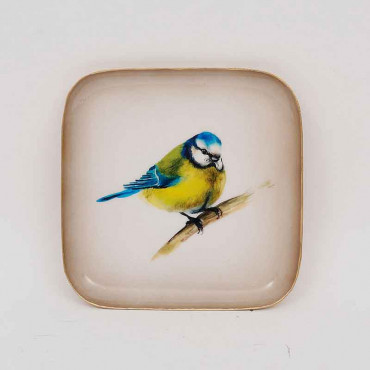 Plateau fer carré crème doré mésange bleue jaune 16x16cm