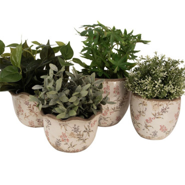 Pot de fleurs beige et rose en céramique motif fleurs 20x13 cm