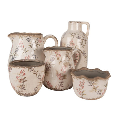 Pot de fleurs beige et rose en céramique motif fleurs 20x13 cm