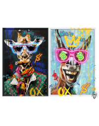 Duo 2 tableaux Girafe Âne Toile Noir led 63x4x93cm