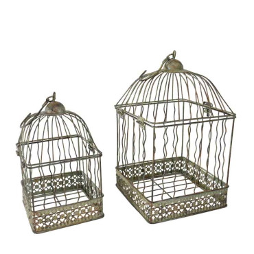 Set 2 cages carrées suspendues vert patiné 18x18x40cm