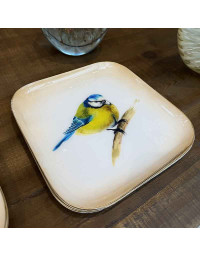Plateau Carré en Fer Crème et Doré avec Illustration Mésange Bleue 16x16cm