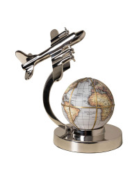 Mappemonde En Métal Argenté Décollage Avion Vintage 32x29x30cm