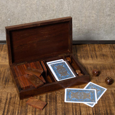 Boîte dés cartes domino détails laiton 25x4x12cm