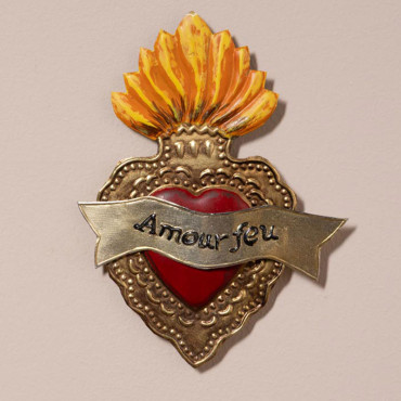 Ensemble 2 coeurs enflammés Ex-voto 12x14cm