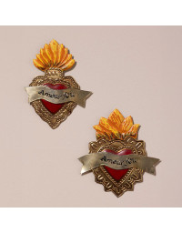 Ensemble de 2 Ex-voto Cœurs Enflammés Amour Feu 12x14cm