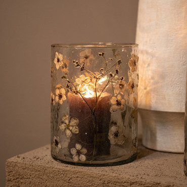 Photophore motifs fleurs verre Gresa blanc 14x14x20cm