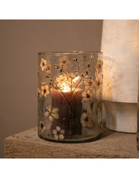 Photophore motifs fleurs verre Gresa blanc 14x14x20cm