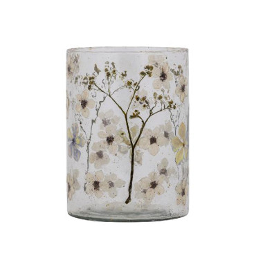 Photophore motifs fleurs verre Gresa blanc 14x14x20cm