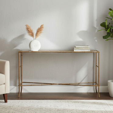 Console métal or plateau verre 76x34x144cm