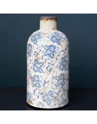 Vase Bouteille Bucolique Fleuri bleu blanc Grès 22x11cm