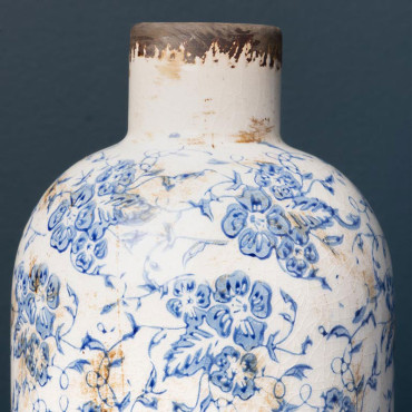 Vase bouteille fleuri bleu et blanc 22x11cm
