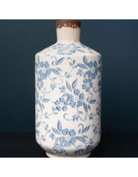 Vase Bouteille Bucolique Fleuri blanc bleu grès 12x25cm