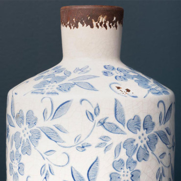 Vase Bouteille Bucolique Fleuri blanc bleu grès 12x25cm