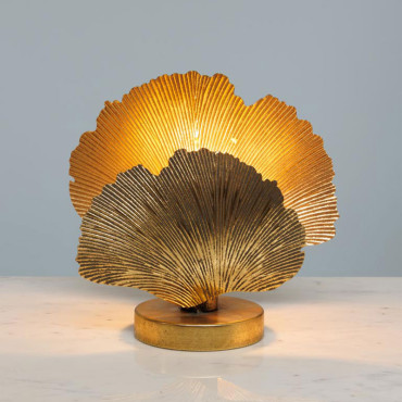 Lampe à Poser décorative 2 Feuilles Ginkgo Fer doré 15x32x33cm