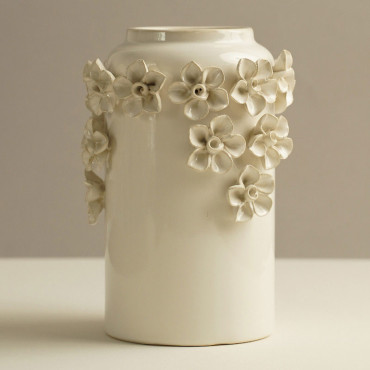 Vase Guirlande Fleurs Céramique Blanche 17x17x25cm