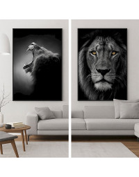 Ensemble 2 Tableaux Lions Verre Trempé Noir Blanc 80x4x120cm