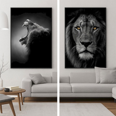 Ensemble 2 Tableaux Lions Verre Trempé Noir Blanc 80x4x120cm
