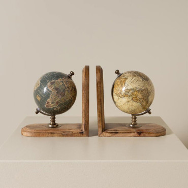 Serre-livres mappemondes bois Manguier 42x13x21cm