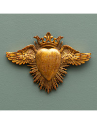 Ex-voto coeur et ailes résine dorée 25x18cm