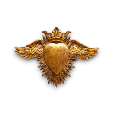 Ex-voto coeur et ailes résine dorée 25x18cm