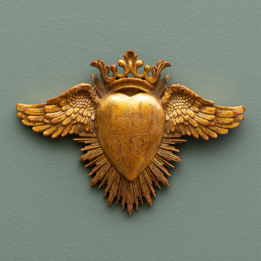Ex-voto coeur et ailes résine dorée 25x18cm