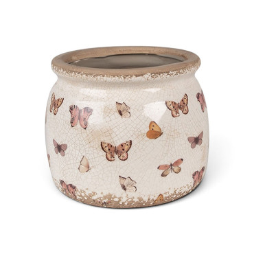 Pot de fleurs d'intérieur beige à papillons 16x13cm