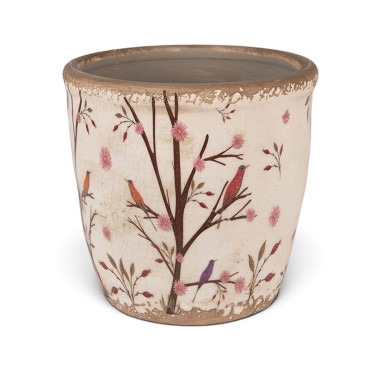 Pot de fleurs d'intérieur beige et marron en céramique motifs branches 16x16cm