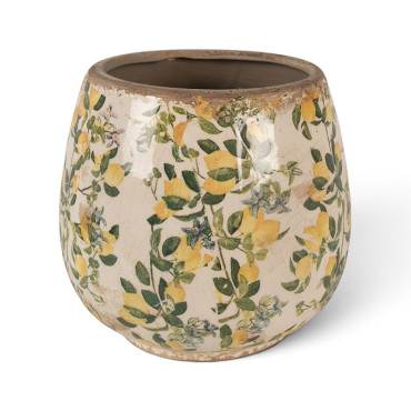 Pot de fleurs d'intérieur beige jaune céramique motifs citrons 8x17cm
