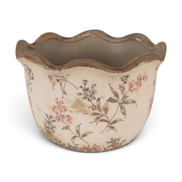 Pot motif floral céramique beige 20x20x13 cm
