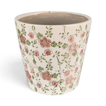 Pot motif floral rose vert céramique beige 17x17x16cm