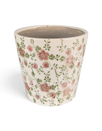Pot motif floral rose vert céramique beige 17x17x16cm