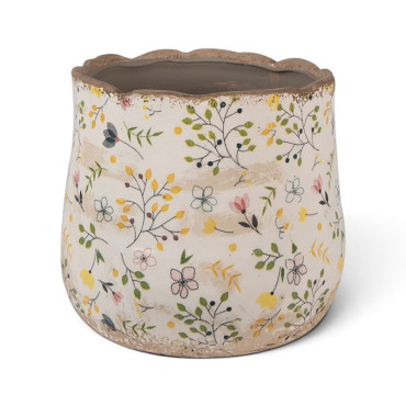 Cache pot fleuri céramique jaune 18x16cm