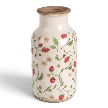 Vase céramique fraise rouge beige 14x14x26cm