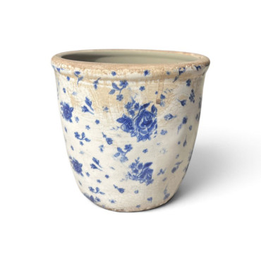 Pot céramique beige bleu motif florale 14x15x15cm