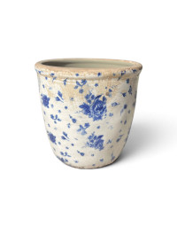Pot céramique beige bleu motif florale 14x15x15cm