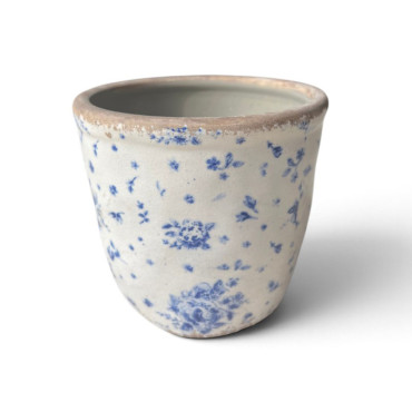 Pot céramique motif floral beige bleu 12x13x13cm