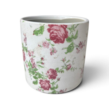 Pot motif florale rose céramique beigne 14x14x13cm