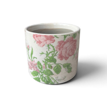 Pot de fleurs céramique beige motif de roses 11x9cm