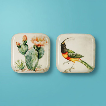 Ensemble 2 plateaux cactus et toucan fer 16x16x2cm