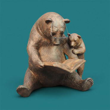 Statuette Ours et Ourson liseurs résine 18x16x20cm