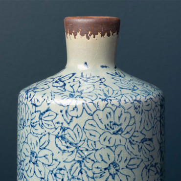 Vase Bouteille Fleuri Bucolique Grès bleu 20x10cm