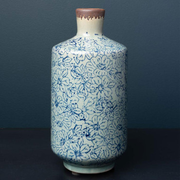Vase Bouteille Fleuri Bucolique Grès bleu 20x10cm