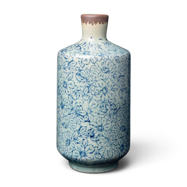 Vase Bouteille Fleuri Bucolique Grès bleu 20x10cm
