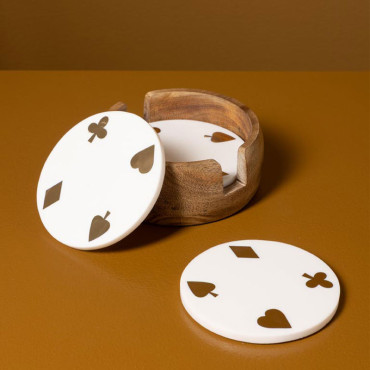 Set 4 Dessous de Verre Jeux Résine Bois Blanc Doré 12x5cm