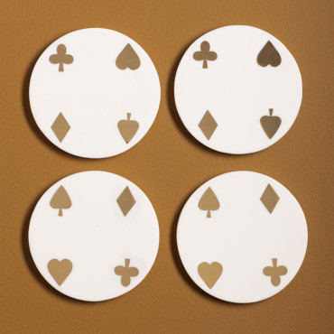 Set 4 Dessous de Verre Jeux Résine Bois Blanc Doré 12x5cm