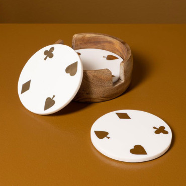 Set 4 Dessous de Verre Jeux Résine Bois Blanc Doré 12x5cm