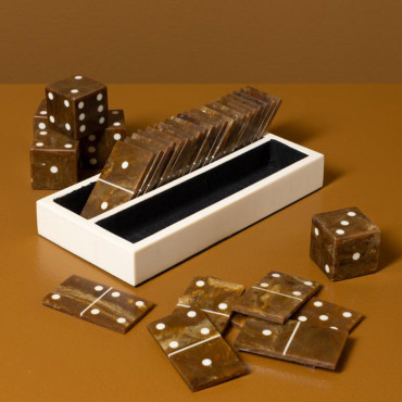 Ensemble de Domino et Dés Résine Beige Marron 21x10x7cm